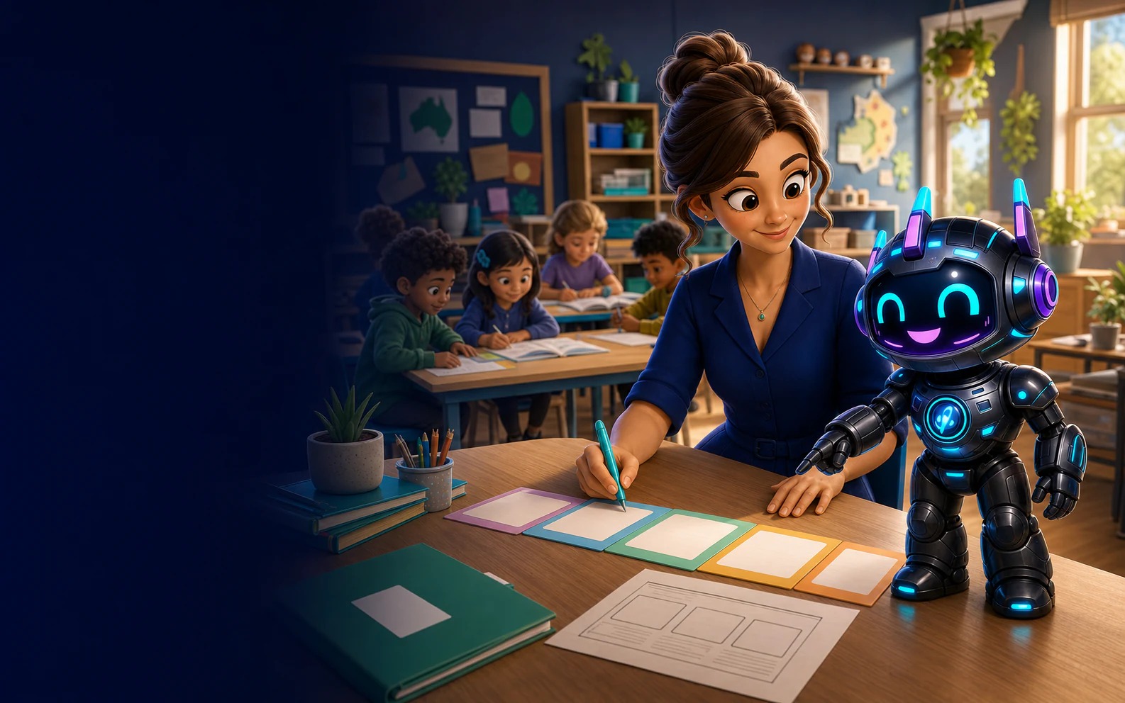 A teacher and Riley shaping a classroom-ready learning sequence while students work
