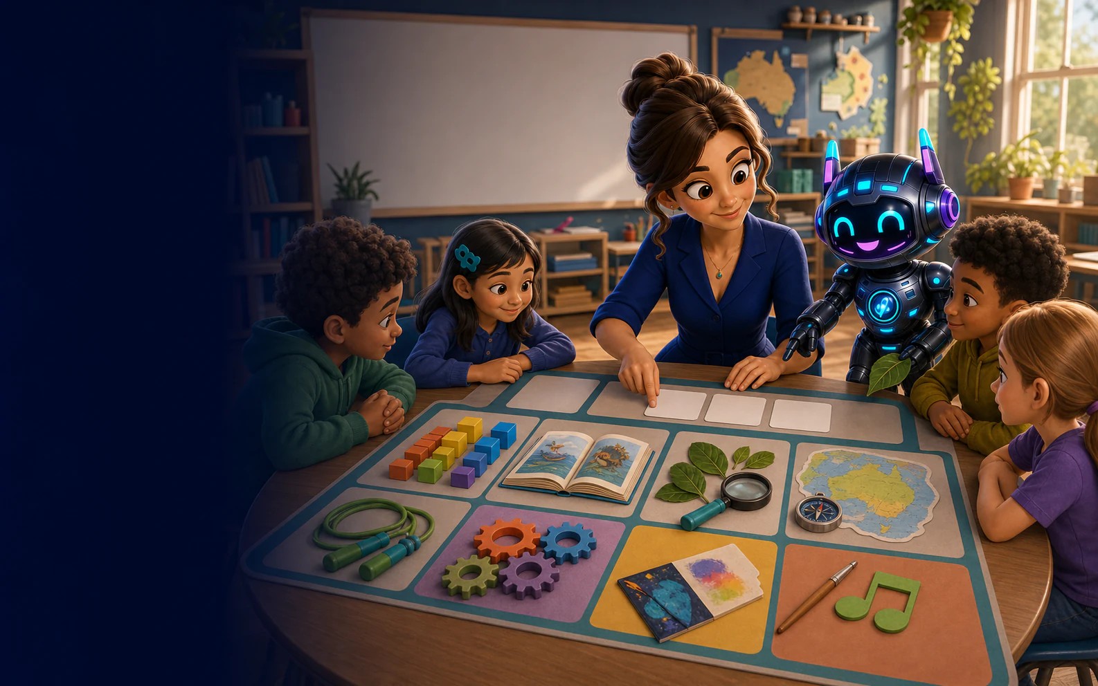 A teacher, Riley and learners connecting seven learning areas through classroom materials