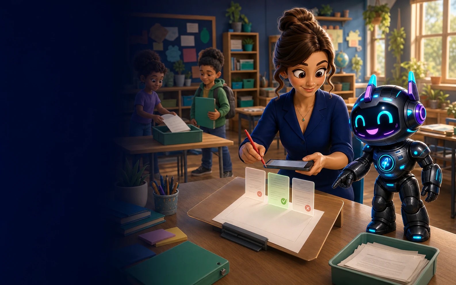 A teacher and Riley turning a trusted paper worksheet into reviewed homework
