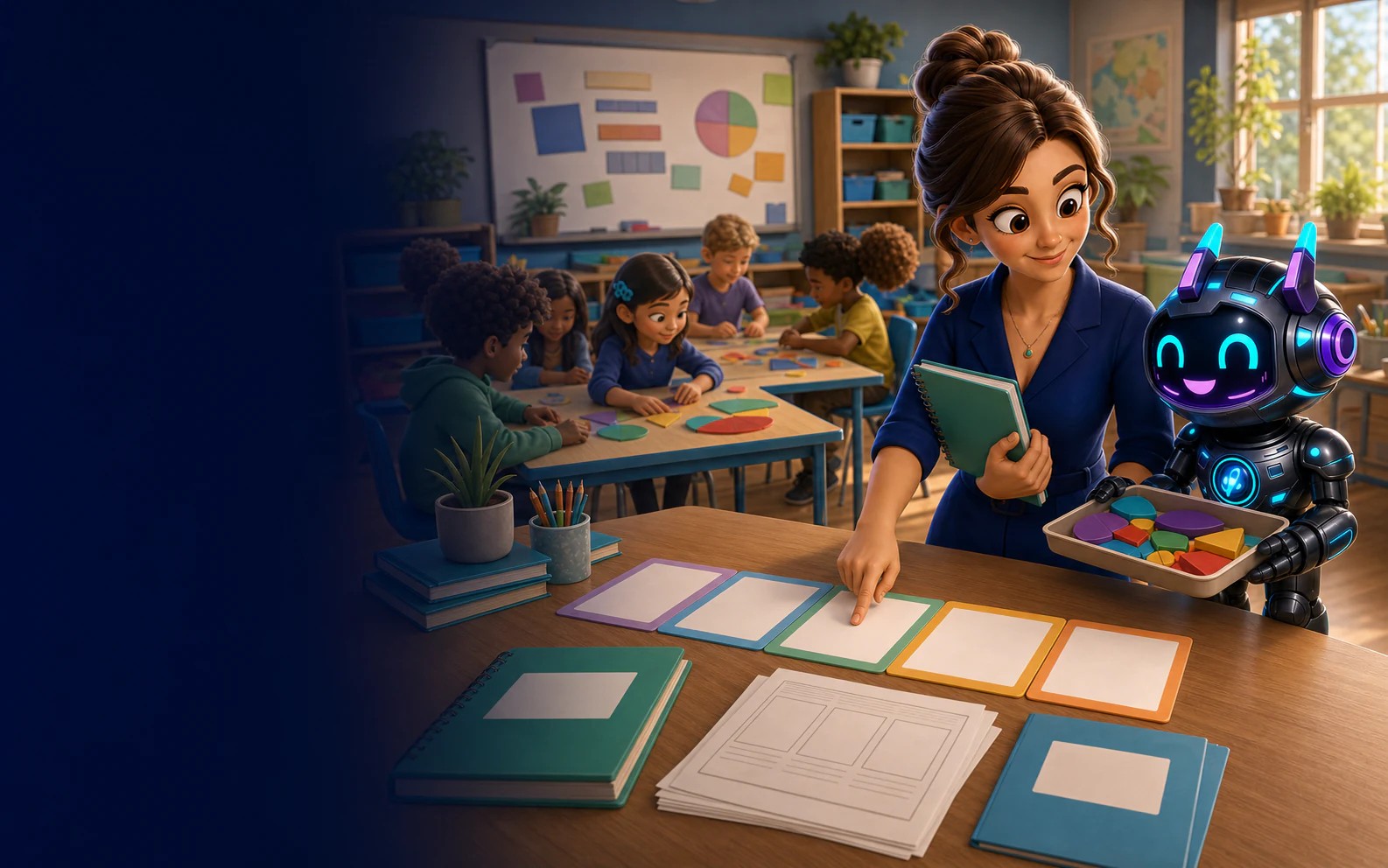 A teacher and Riley preparing a five-stage lesson package for the classroom