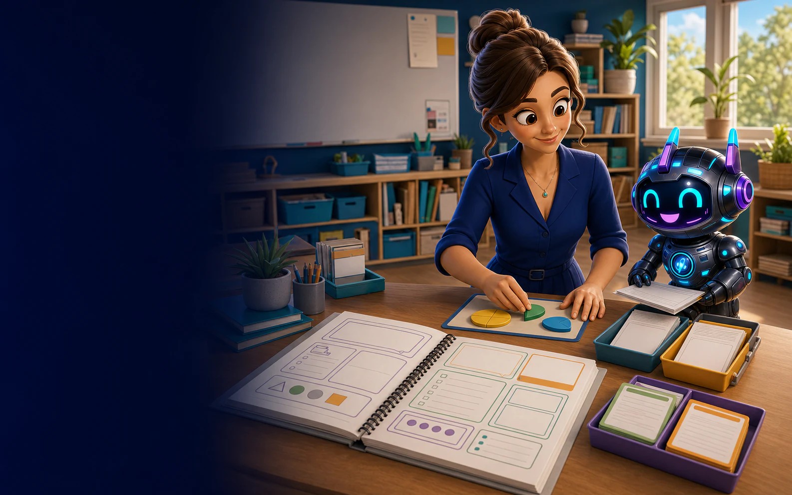 A teacher rehearsing a worked example while Riley organises printable lesson materials